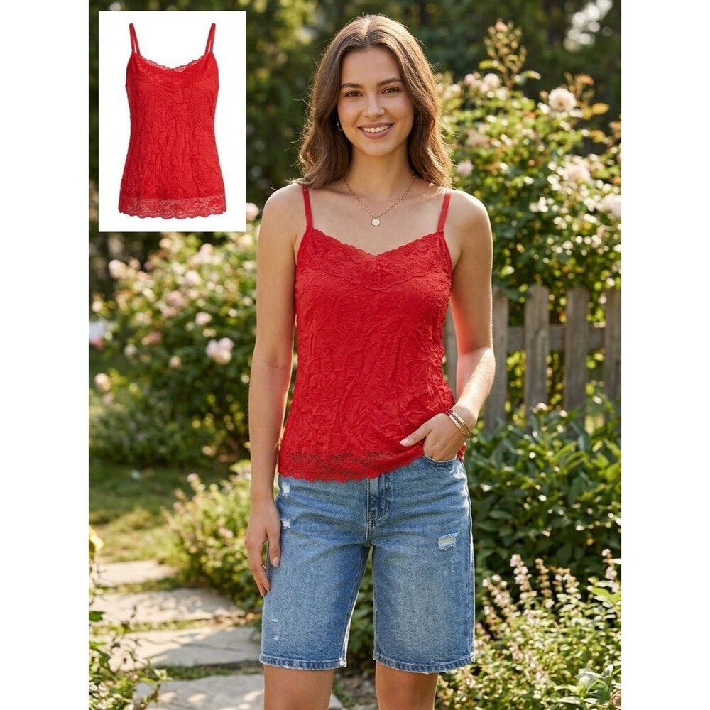 Dress Barn Women’s Crinkle Deep Coral Lace Trim Camisole Vintage Size L NWOT